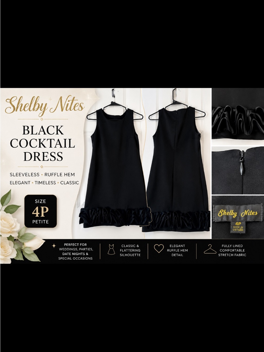 Shelby Nites Black Midi Cocktail Dress with Ruffle Hem